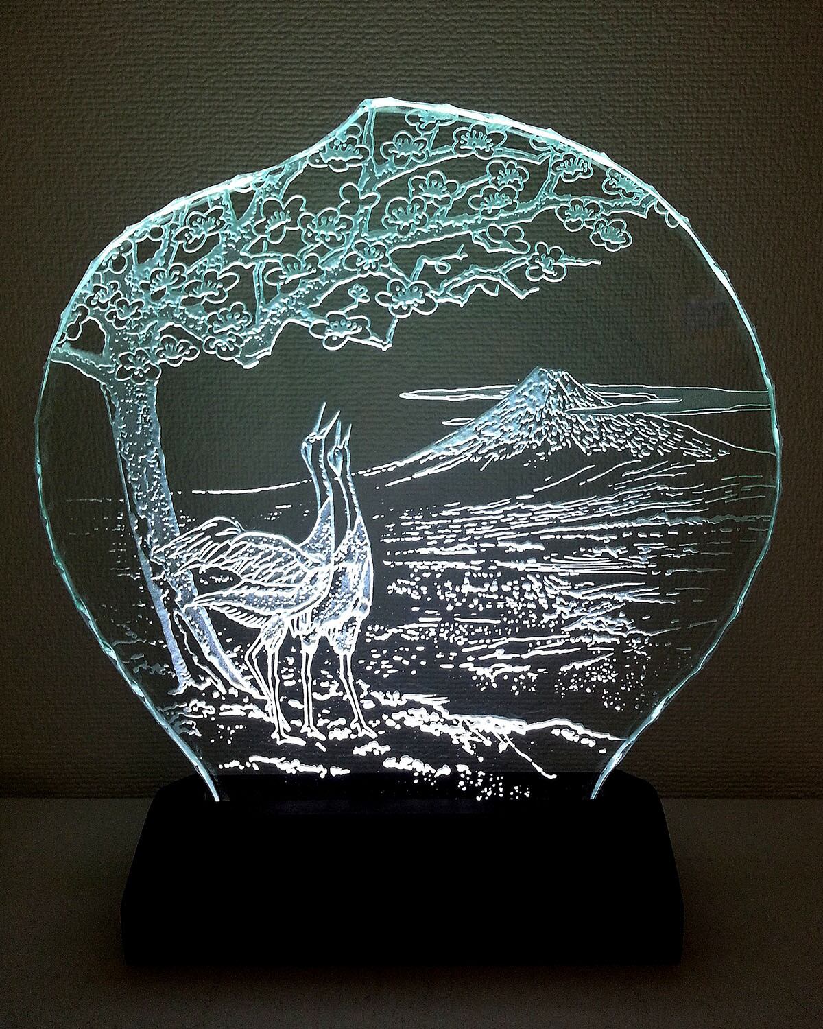 タンチョウと日本の情景 (ガラス:Mサイズ)