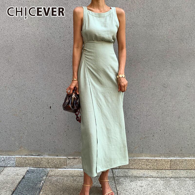 CHICEVERサマーノースリーブソリッドドレス女性Oネックオフショルダーウエスト包帯ミディドレス2020 夏物 ソリッドカラー 6base545797264078