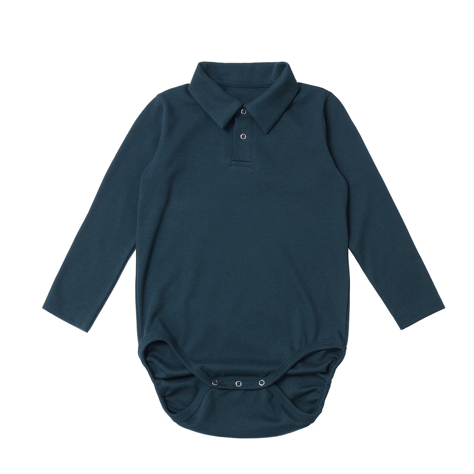 【surge+(プリュ)】サイズ110-120 発達がゆっくりなキッズ向け 大きめロンパース えり付き長袖 紺 サイズ110-120 タグレス 日本国内縫製