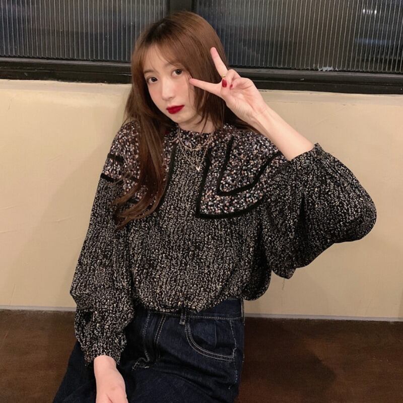 スリーブフローラルスタンドカラーカラートップス サマールーズシャツ レディース ランタンスリーブ 夏物 花柄 ステッチ YY-ファッション68755758141