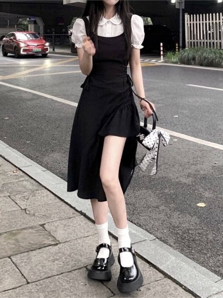 黒ゴシックY2kミディドレス女性ワンピースドレスヴィンテージビーチ