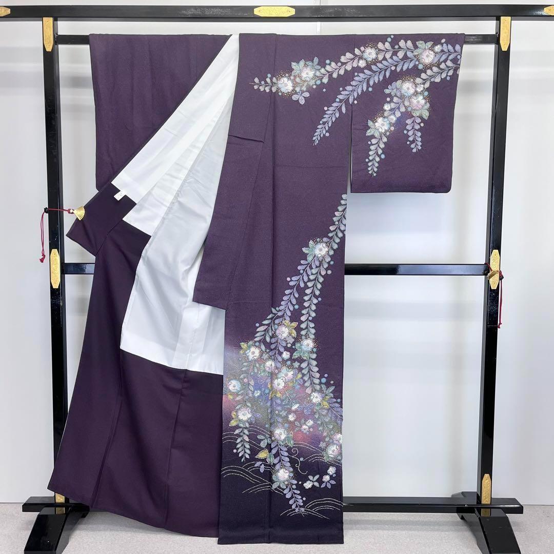 訪問着 美しい辻が花絞り パステル色の暈し 金彩 茄子紺色 K 訪問着 美しい辻が花絞り パステル色の暈し 金彩 茄子紺色 K