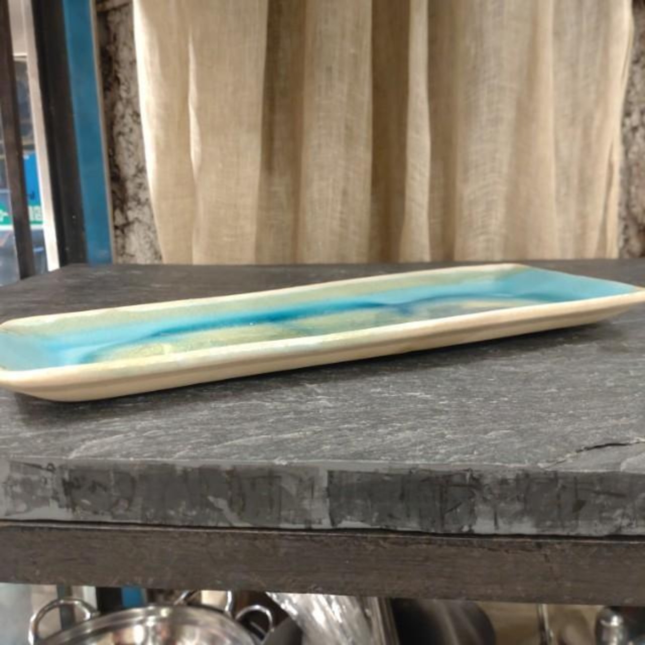 [Mashiko Ware] Mashiko Ware Rectangular Plate Turquoise Grilled Fish Sushi Sashimi Meal Made in Japan