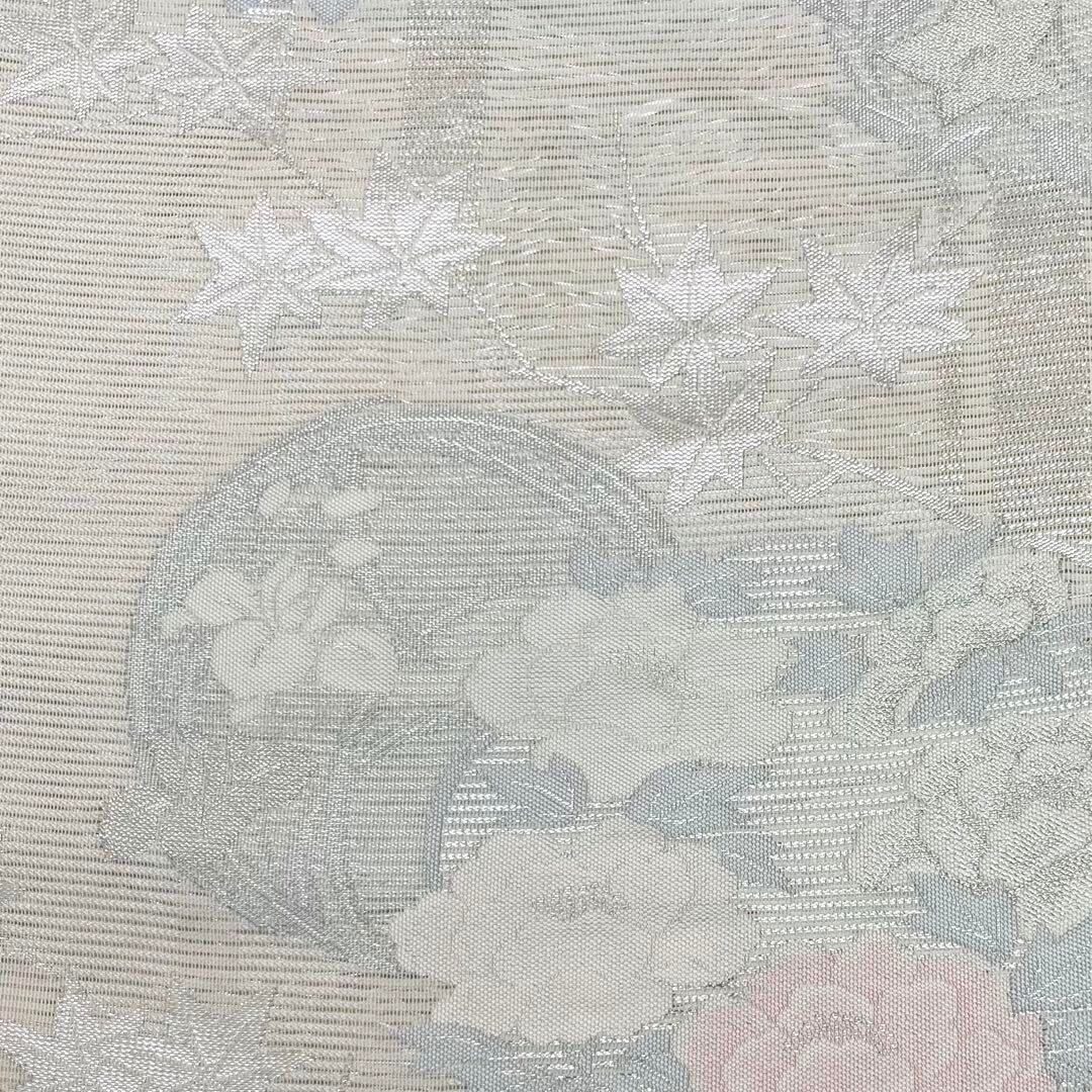 夏帯 袋帯 丸に上品な花模様 銀糸 乳白色 O-3940 | リユース着物わびさび 