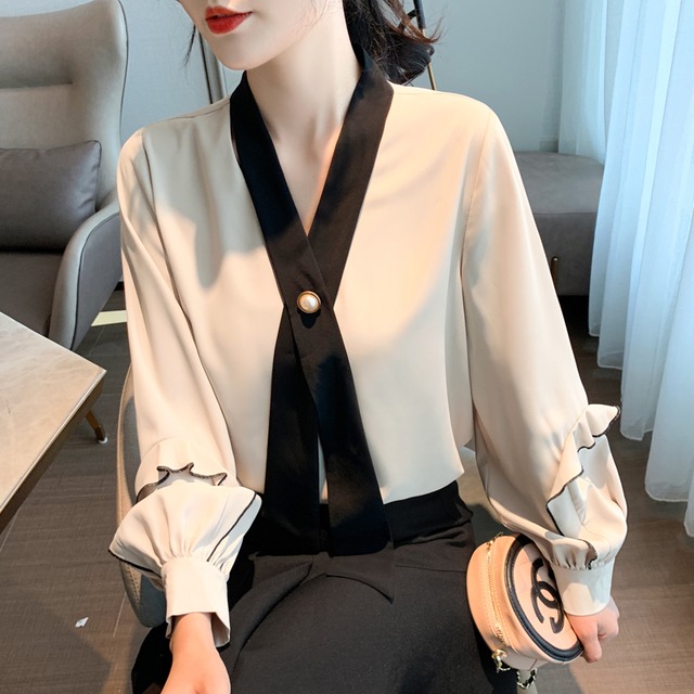 トップス レディース シャツ ブラウス フリル 蝶結び ゆったり 配色 長袖 Vネック シフォン かわいい 大人可愛い きれいめ カジュアル 大人 上品 おしゃれ お洒落 大人女子 こなれ感 エレガント 主役級 存在感 無地 春 秋 10代 20代 30代 オフィス ビジネス OL 通勤 学生 通学 デート お出かけ 女子会 着回し 普段使い 韓国 韓国系 送料無料 ファッション コーデ スタイル モテ トレンド 流行 インスタ映え S M L XL 白 ホワイト ベージュ イエロー
