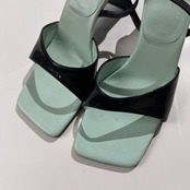sergio rossi セルジオロッシ スクエア ヒール レザー パンプス 37 1/2 /ブラック×ターコイズ系 ブルー系