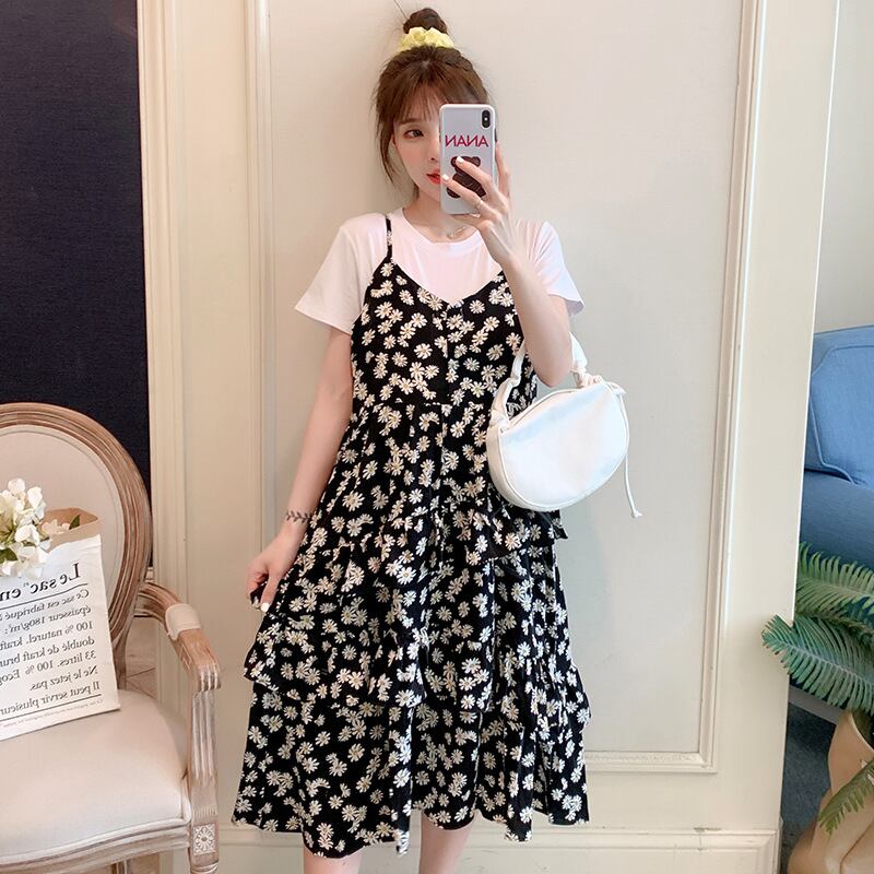 【新作】【送料無料】 マタニティウェア2020夏の新しい流行の母親妊娠中のツーピースTシャツ+シフォン小さな菊ミドル丈ケーキスカート-アリババ サマー 夏物 expec286699936403