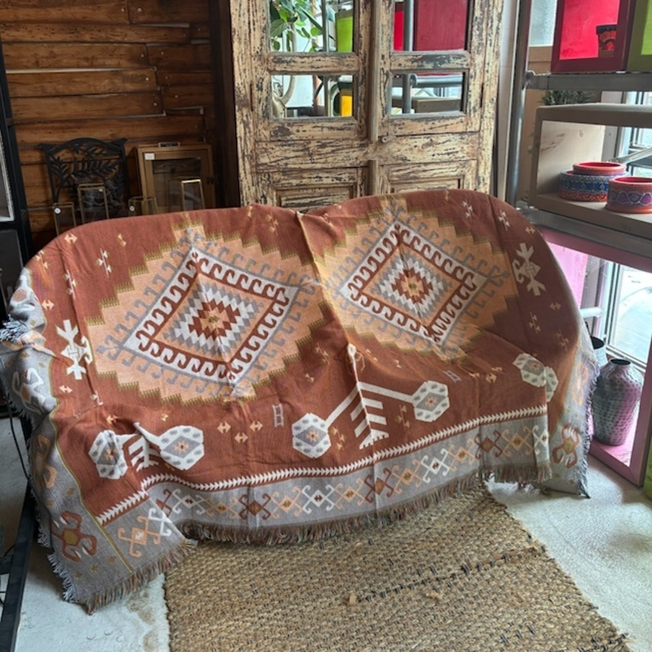TOPANGA Homefurnishing Tribal throwket 　トライバルスローケット　130×180cm　L　ブラウン　アイボリー　ソファカバー　ベッドカバー　ブランケット　カーテン