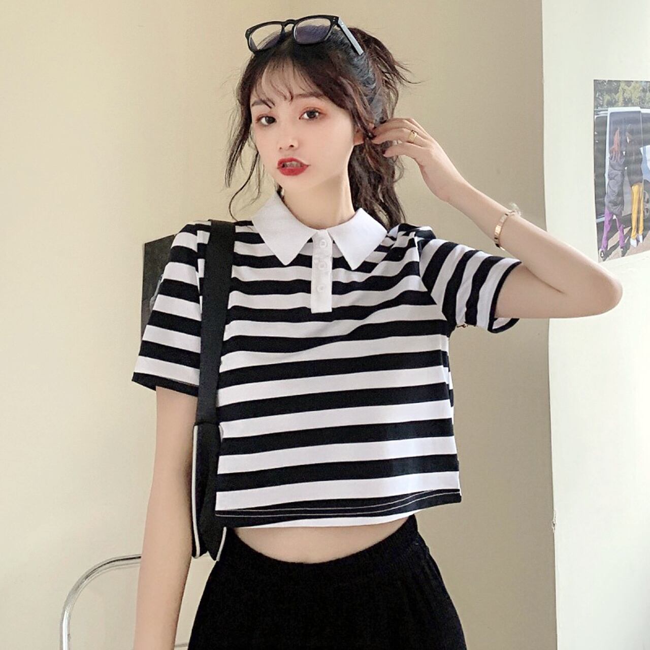 REGIT】BORDER CROPPED HALF T-SHIRT-GREEN S/S 韓国服 トップス
