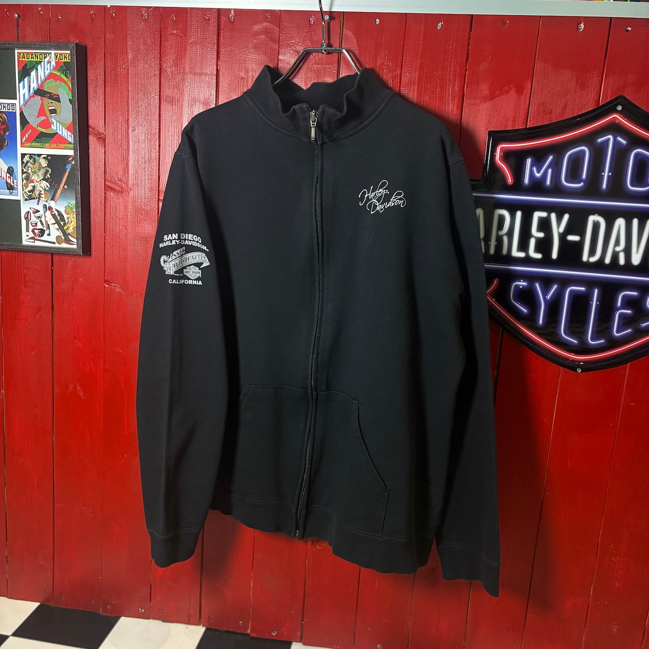 HARLEY-DAVIDSON ジップアップスウェット 黒 シルバーメタリックプリント ハーレー