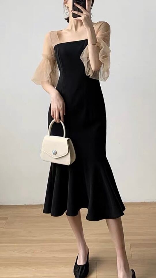 ブラック ベージュシースルー ランタンスリーブ マーメード ボディラインドレス ワンピース 9style