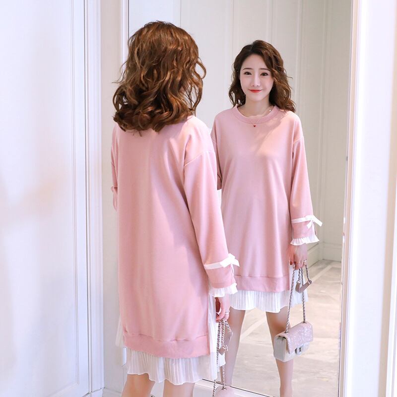 【新作】【送料無料】 マタニティウェア2019新しい春と秋のファッションプリーツステッチルーズミドル丈プラスサイズのマタニティドレス-アリババ 大きめサイズ スプリング 春物 オータム 秋物 expec2822951918