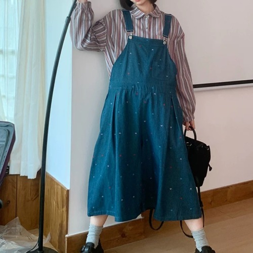 ハート刺繍デニムサロペットパンツ ・12547