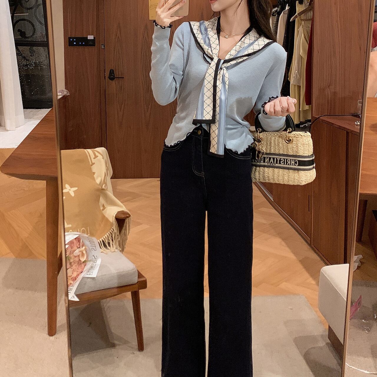 スカーフタイ カラーニットトップス T126