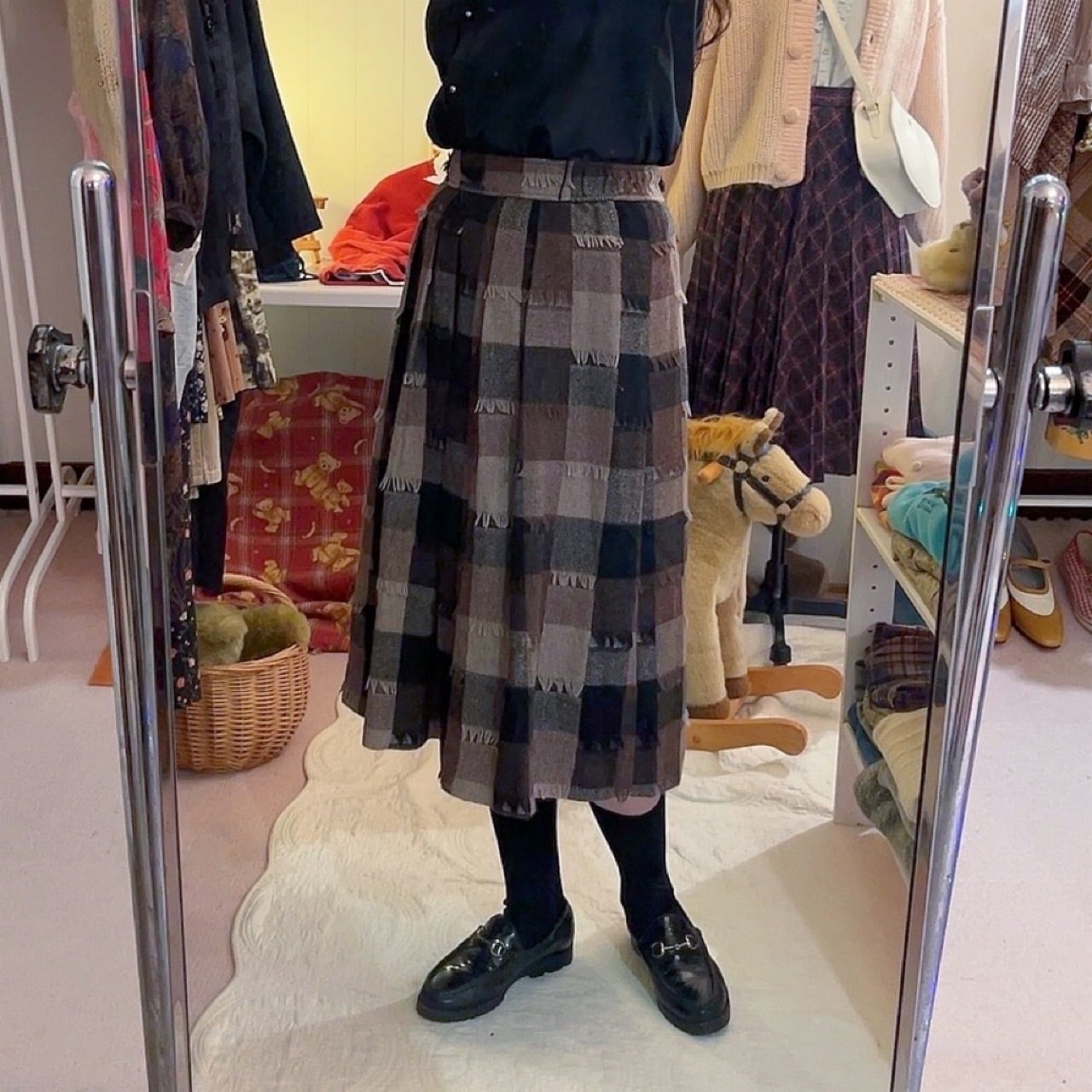 block check fringe wool skirt