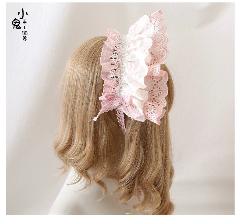 ♡ Lolita ボンネット風 フリルリボンヘッドドレス pink C‬