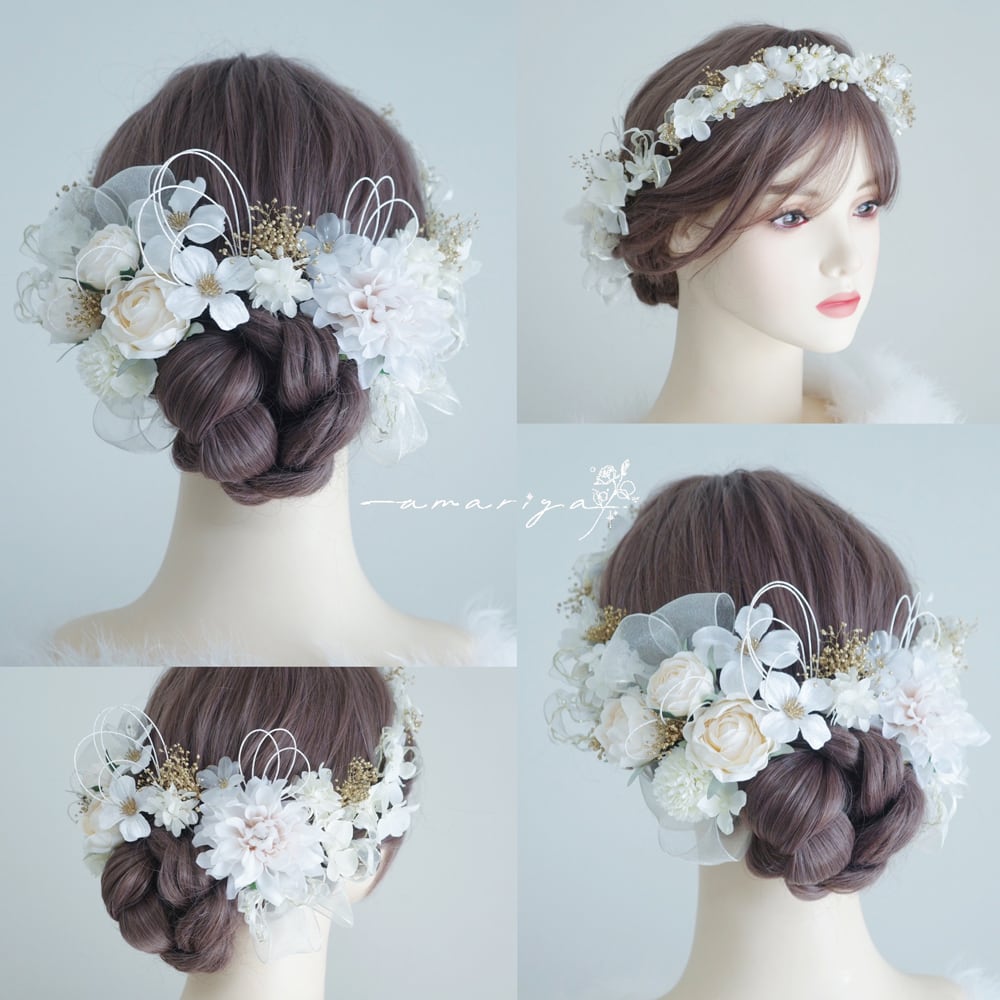 髪飾り アイボリーローズとダリア