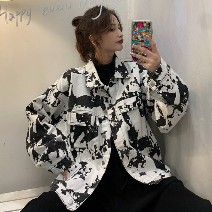 カラーパターンジャケット スプリングルーズカジュアルトップス ロング 春物 1号婦人68014436646