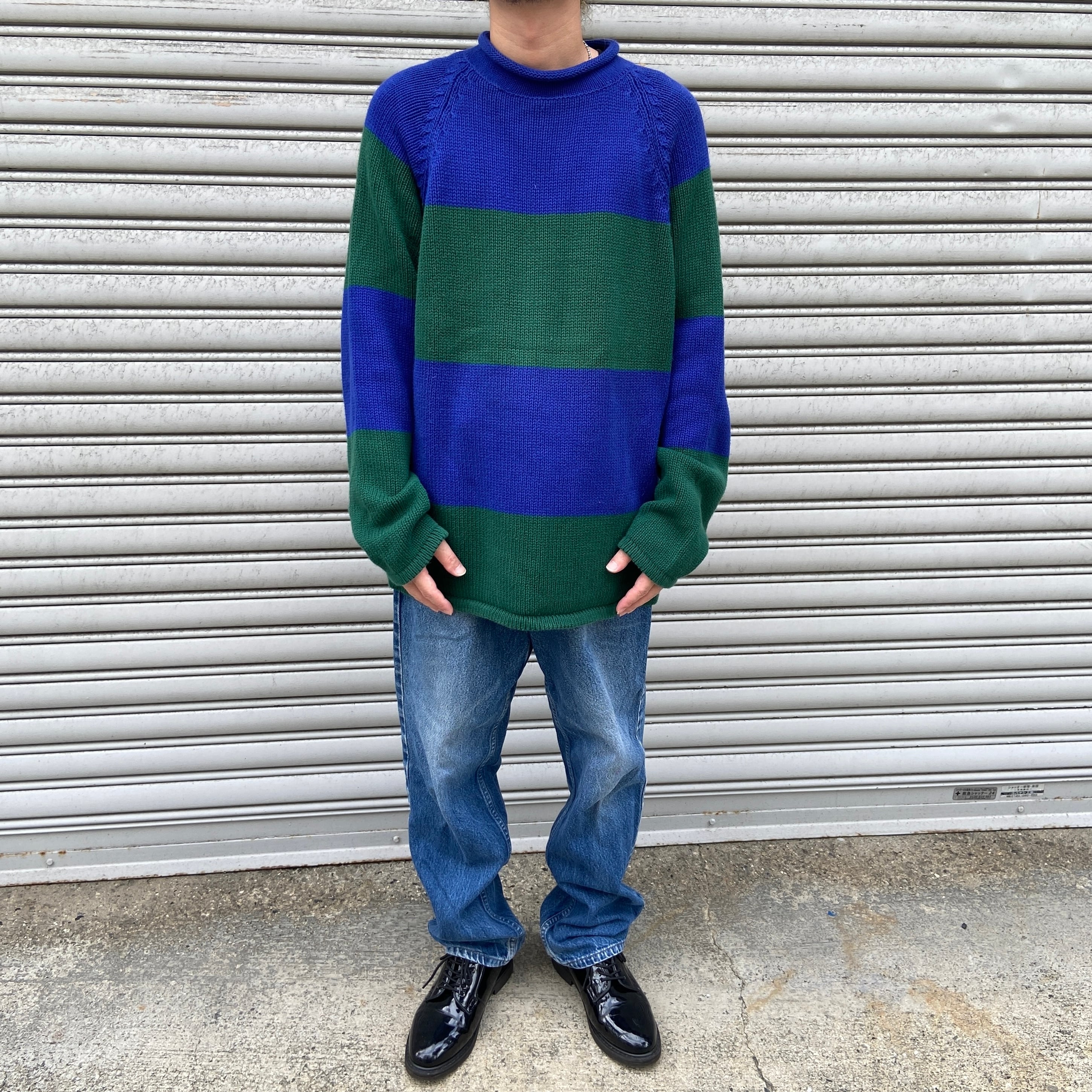 90s J.CREW ボーダー柄ロールネックコットンニット セーター 緑 青 L 