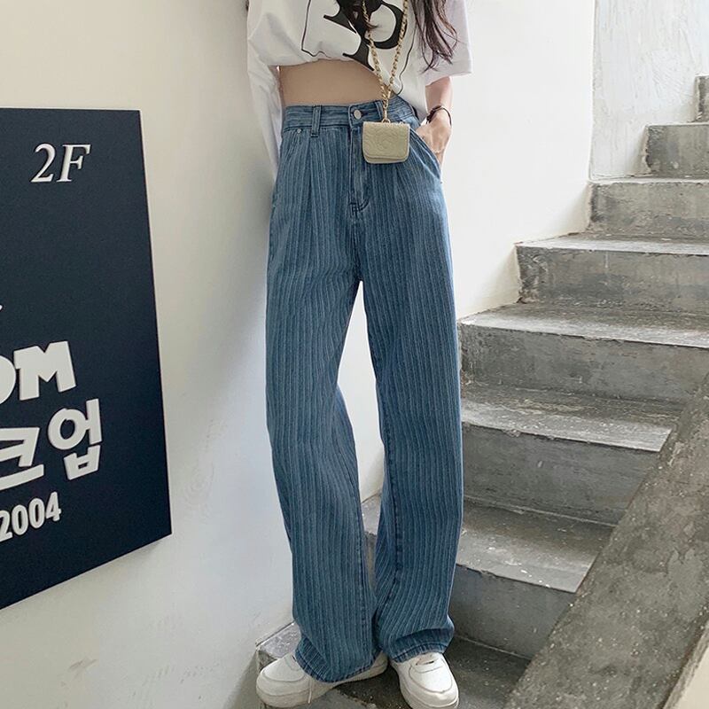 スプリングオータムストライプジーンズ ルーズウェストワイドレッグパンツ ストリート 春物 秋物 ワイドパンツ 試着室96741494655