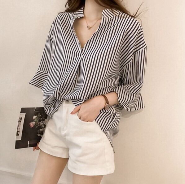 トップス レディース シャツ ブラウス 7分袖 七分袖 3色 かわいい 大人可愛い きれいめ カジュアル 上品 清楚 おしゃれ お洒落 かっこいい クール おとな ナチュラル こなれ感 リラックス ロマンチック 抜け感 爽やか 主役級 存在感 ストライプ オフィス ビジネス OL 通勤 学生 通学 デート お出かけ M L XL 2XL 3XL 大きいサイズ ベージュ ブルー ネイビー 春 夏 20代 30代 40代 韓国 韓国系 着回し 普段使い 体型カバー インスタ映え 送料無料