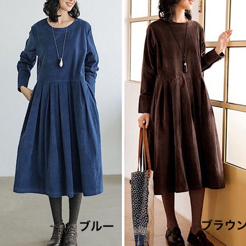 ワンピース レディース 無地 カッティング レーベル コーデュロイドレス レトロ 文芸 ミディアム ロング スカート かわいい 体型カバー 夏 大きいサイズ ゆったり 袖ボタン ラウンドネック シック