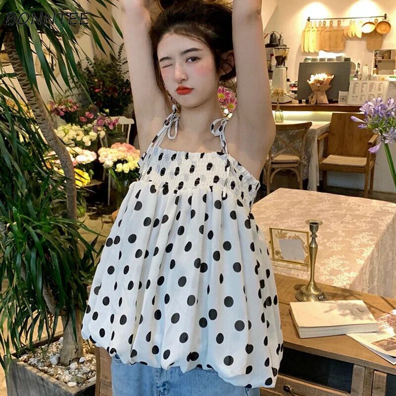 【新作】【送料無料】 キャミソール女性ドットストリートウェアホット販売夏クロップスタイリッシュなオールマッチヴィンテージ学生女性 2021 新しいシンプルなかわいいトップスシャーリング 0270001468460