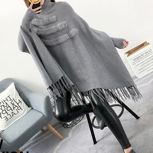 再入荷】全4色タートルネックニットファーポンチョ | ROSE AURA