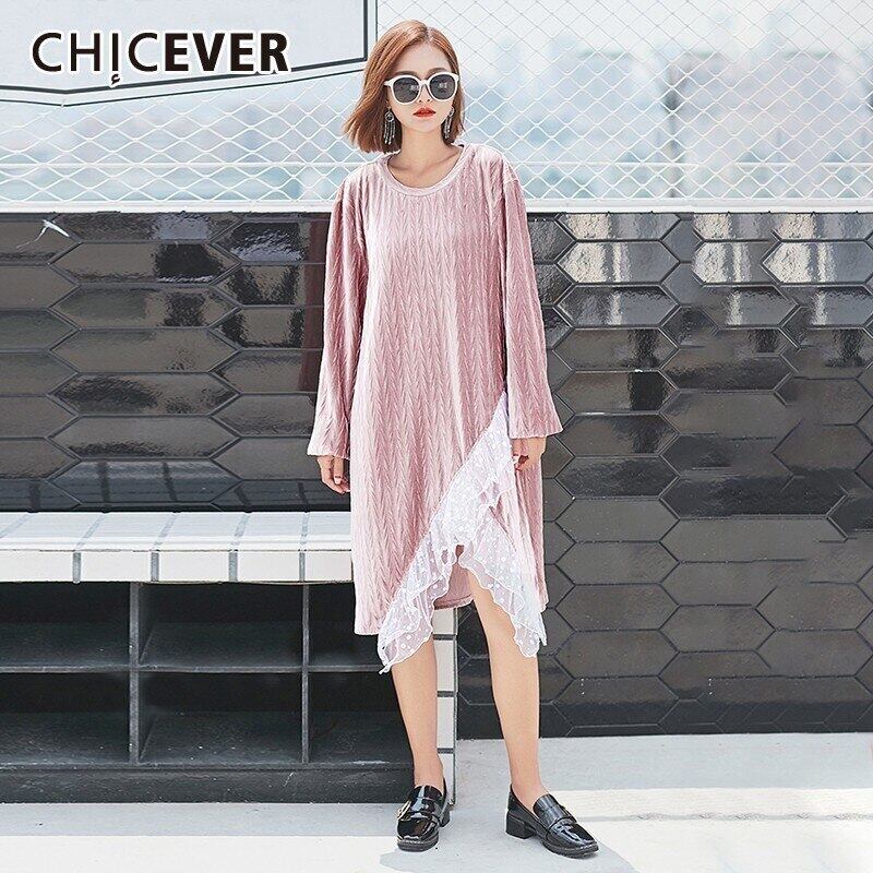 CHICEVERメッシュパッチワークドレス女性Oネック長袖ルーズミディ裾アシンメトリードレス2020秋 ロング オータム 秋物 6base535738381192