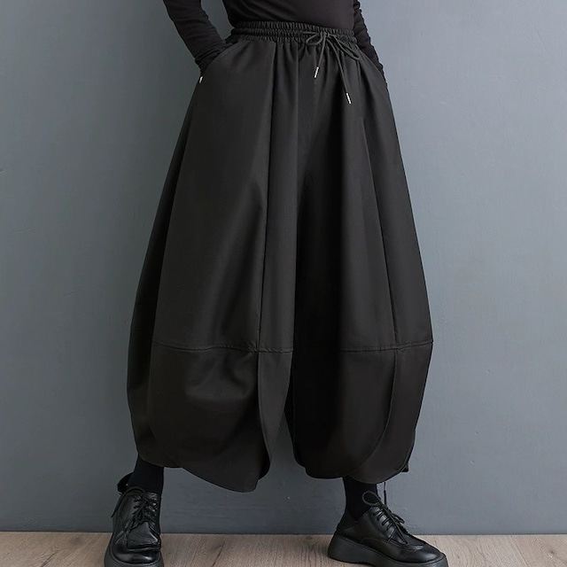 BLACK DROWSTRING WAIST LANTERN WIDE LEG PANTS 1color M-8575