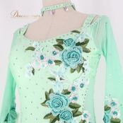 社交ダンス 衣装 スタンダードドレス ワンピース ドレス グリーン系 黄緑 ENUODANCE フリル レース フロート デモ 競技 明るい 花柄 花モチーフ 上品 華やか 発表会 舞台 デモンストレーション 競技用 レディース