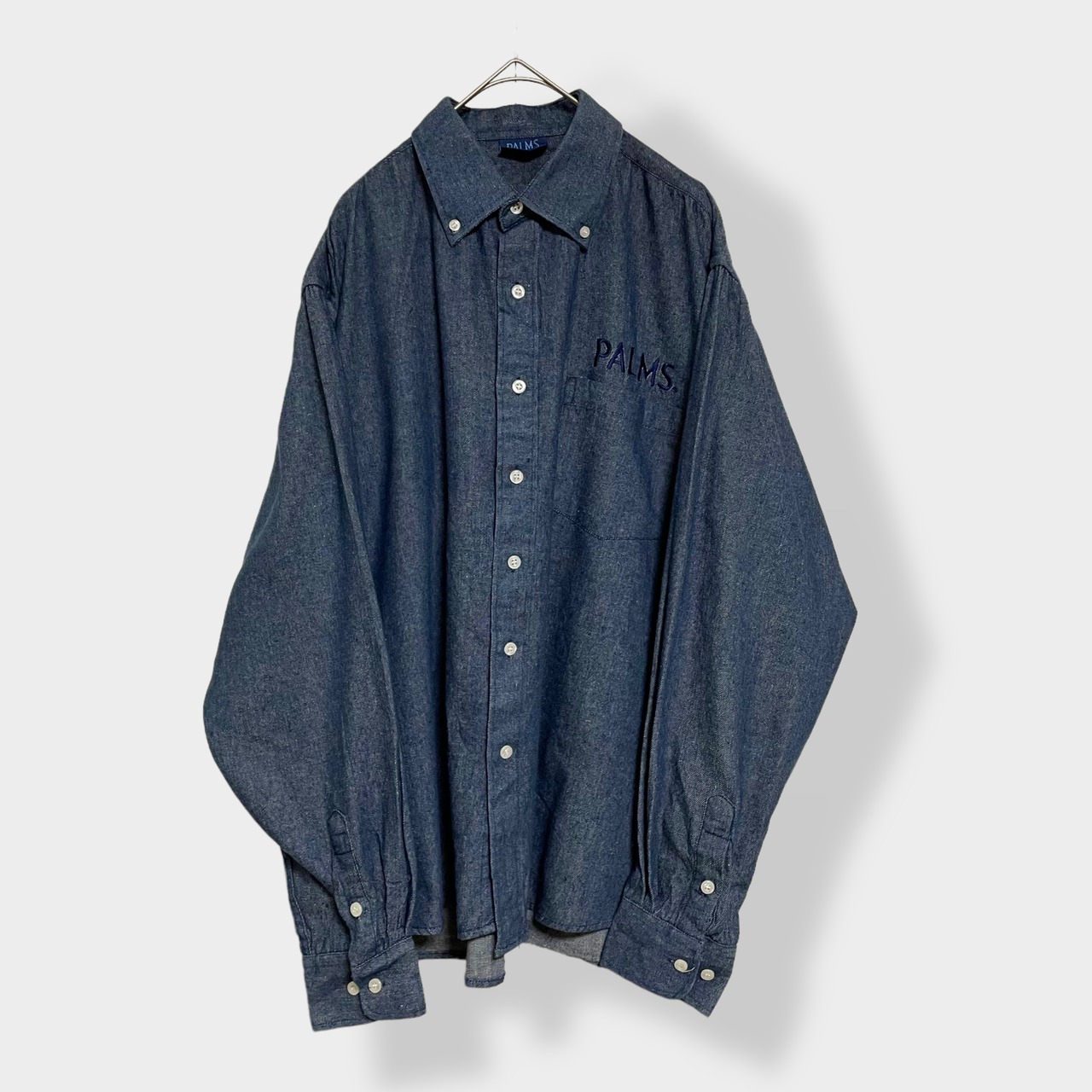 【PALMS】デニムシャツ 刺繍ロゴ ネイビー ボタンダウン カジュアルシャツ 長袖シャツ M US古着