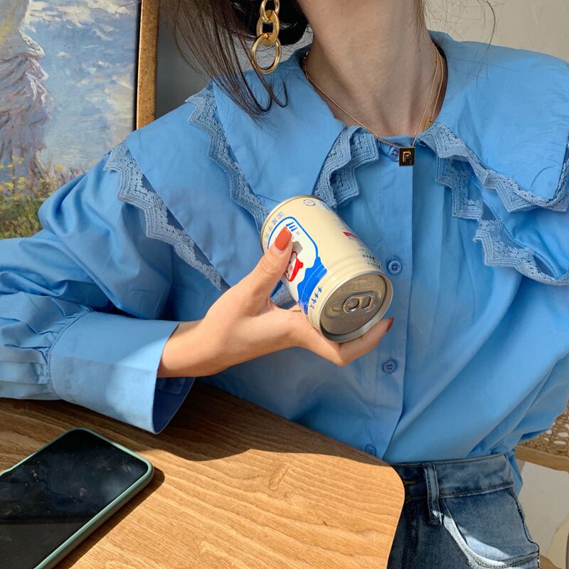 レースダブルカラーシャツ スプリングトップス レディース 春物 ステッチ ビッグFスモールZ韓国62166001543