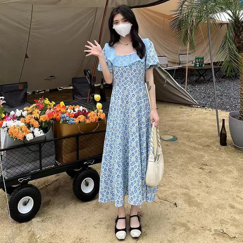 【新作】【送料無料】 スプライシングガーゼスクエアネックパフスリーブドレス女性のための夏 2022 新しいスタイルウエストストラップ気質甘いニーハイフローラルフローラル 0284538234308