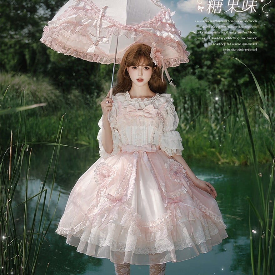 ロリータドレス ピンク フリル レース　ジャンスカ　甘ロリ 甘ロリ ジャンパースカート ピンク|フリル レース バックリボン