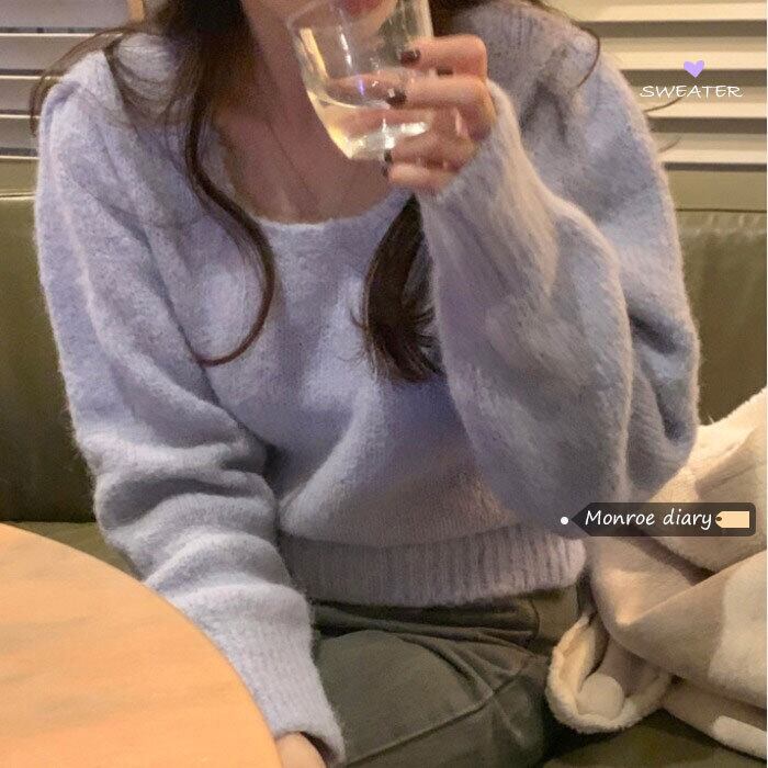 スタイルセーター スプリングルーズショートニットトップス 春物 パープル モンロー48221019308