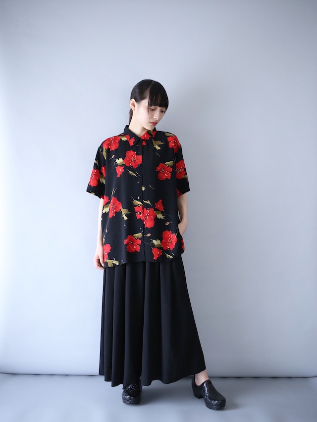 "花柄" black base red flower mode h/s shirt