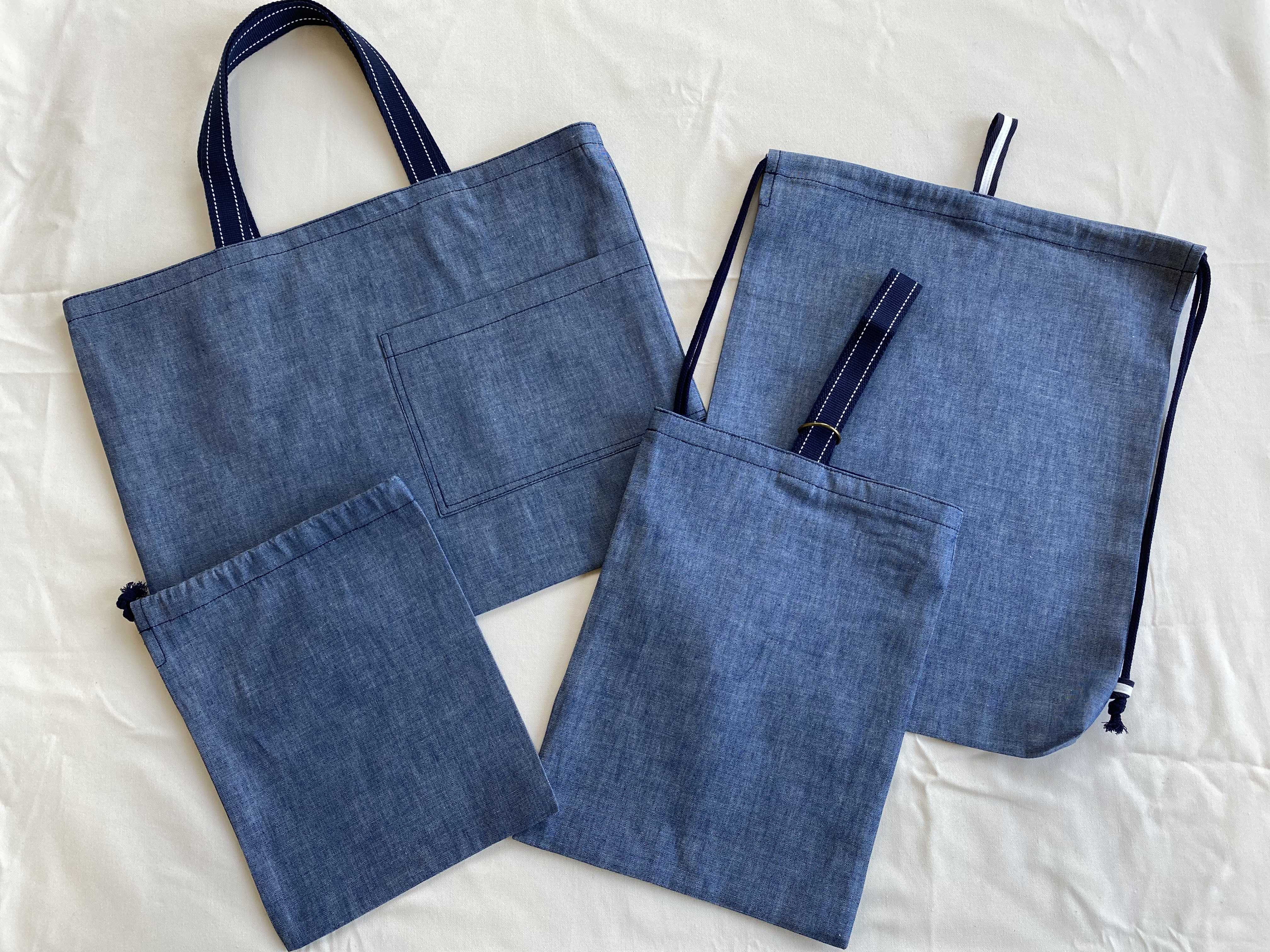 入園グッズ入学グッズ4点セット ライトブルーデニム　入園セット ハンドメイド 入学・入園4点セットデニム⁄紺チェック | TandA