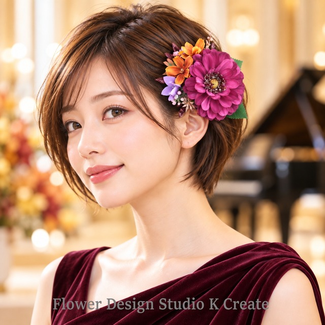 赤紫ダリアとオレンジコスモスの髪飾り｜ショートヘア対応 ヘアクリップ 結婚式 演奏会 発表会 ダンス