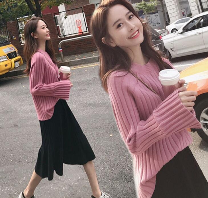リブ編み ニットセーター+ニットスカート2点セット 韓国ファッション