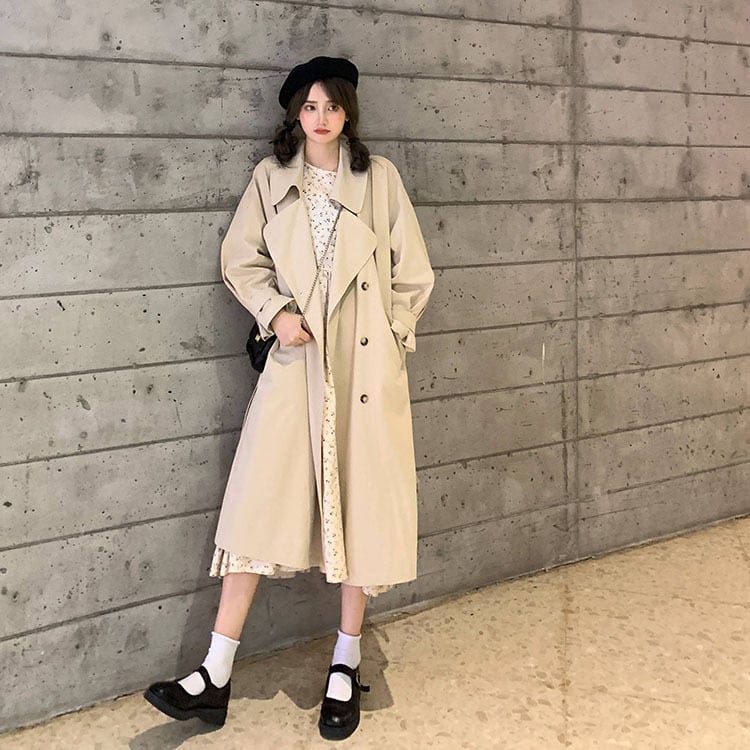 トレンチコート ベルト付き ダブルブレスト 韓国ファッション