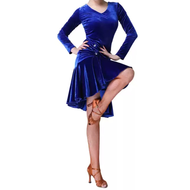 ベロア ギャザー フレア ロングスリーブ ダンスドレス ds1020