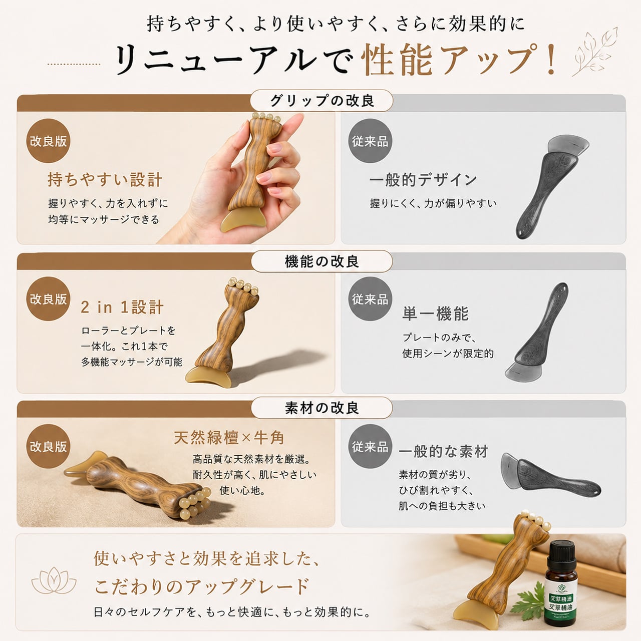 135 .緑檀木 × 天然牛角 2in1 多機能フェイスマッサージ棒 目元リフト