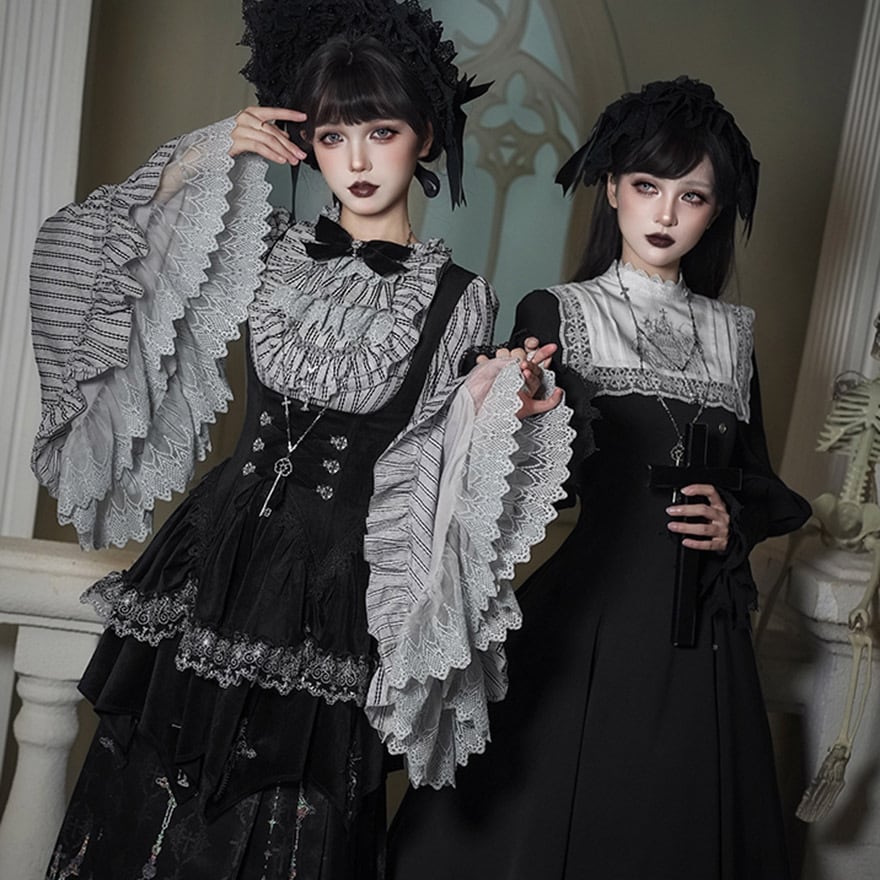 ゴスロリ 6点 セット ストライプ 姫袖 ブラウス コルセット ボンネット