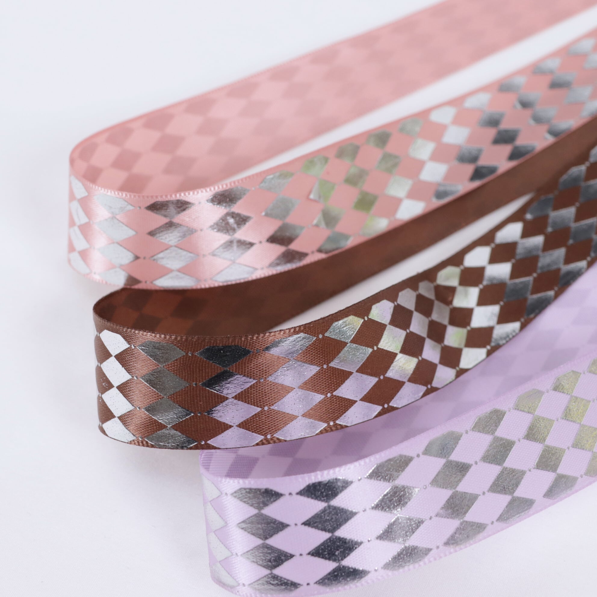 ダイヤ 柄 サテン リボン 幅約25mm 布 プリント シルバー 01020039