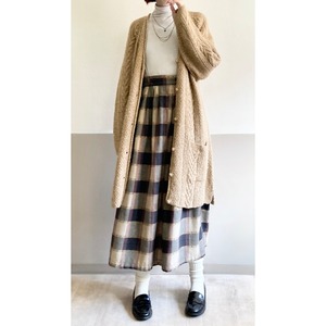 Beige Block Plaid Cotton Long Skirt