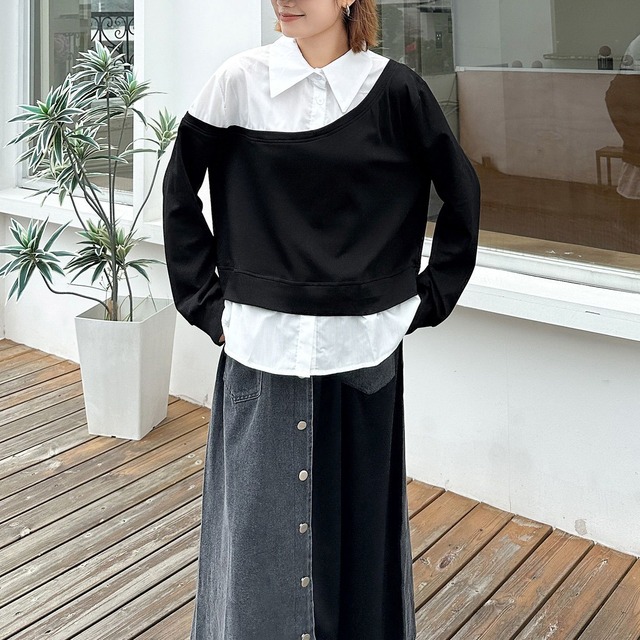 ASYMMETRIC LAYERED CONTRAST COLLAR SLEEVE TOP M-18356