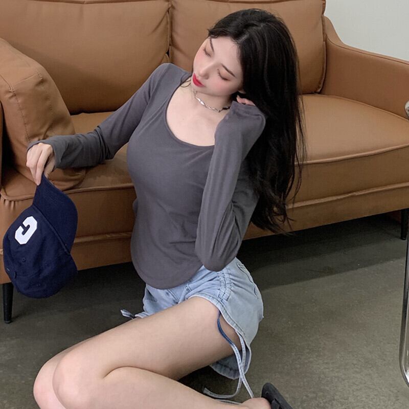 オータムレッドカラーTシャツ ロング 秋物 ピュア ガールズファッション20503815156