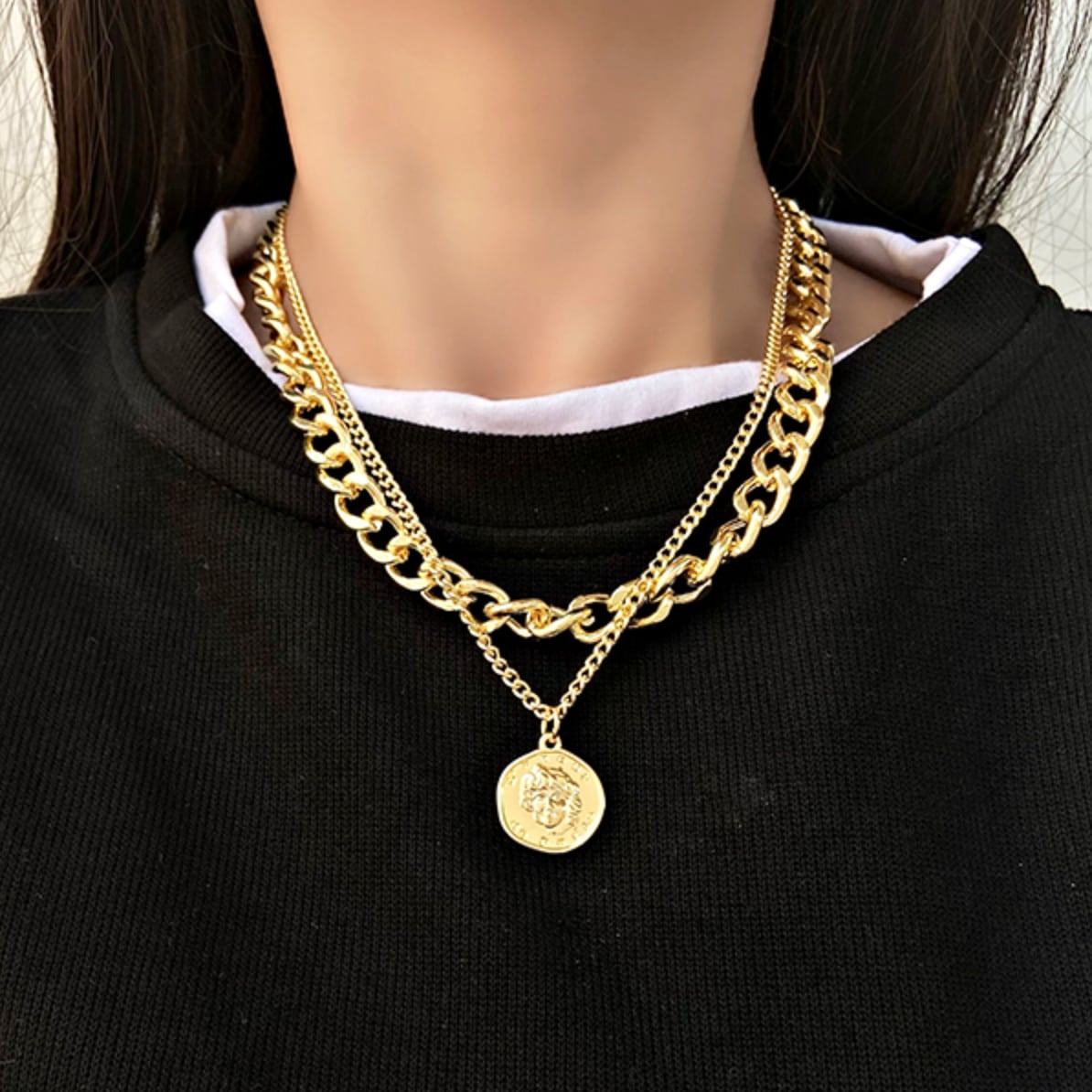 送料無料 華やかに 映える 2連 チェーン ネックレス コイン トップ アクセサリー ペンダント オシャレ 大人っぽ Lamitte Deco トレンド 韓国ファッション ショップ Base店