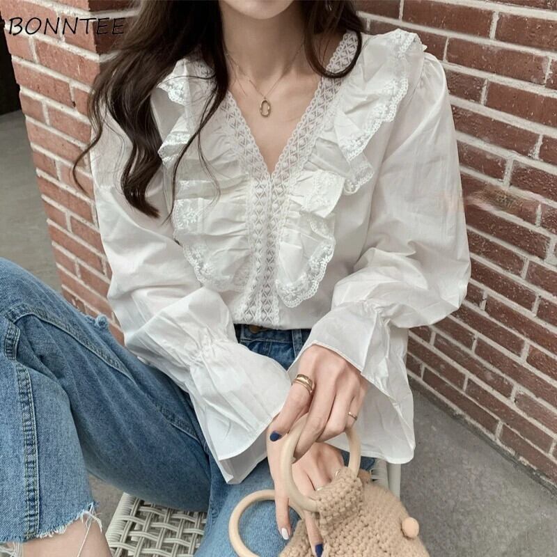 【新作】【送料無料】 Y2K ブラウス女性フレンチオールマッチソフト春 Blusas Mujer ピュアカラーチュニックフレアスリーブデザインフリルティーンエイジャー BF スタイル新 0238583007402